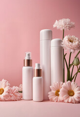 Wall Mural - Mock up of beauty skincare product inside blank bottles on soft pink background. Side view template of floral showcase with cream, spray, gel, lotion or serum cosmetic tubes, jars with flowers