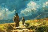 Fototapeta  - Abraham and Isaac Walking to Sacrifice, Biblical Story Digital Painting Illustration