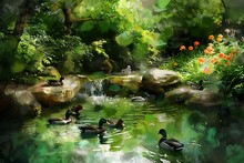 A Serene Garden Overflowing With A Waddle Of Playful Indian Runner Ducks, Digital Painting