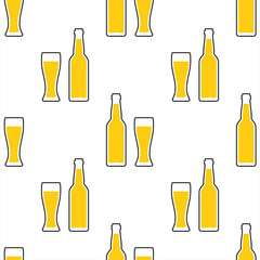 Wall Mural - Beer bottles and glasses. Vector seamless pattern. Stylized elements on white background. Best for textile, bar decoration, wallpapers, wrapping paper, package and your design.