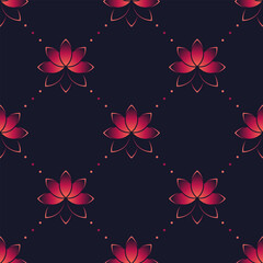 Wall Mural - Pink gradient flowers on black dotted background. Vector seamless pattern. Best for textile, wallpapers, wrapping paper, package and your design.
