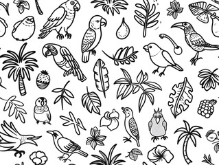 Wall Mural - Black and white outline drawing with the theme of tropical birds. White background.
