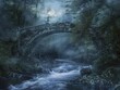 Enchanted bridge, flowing river, night, long exposure, high definition, silver and dark hues, hyper realistic, low noise, low texture