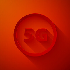 Sticker - Paper cut 5G new wireless internet wifi connection icon isolated on red background. Global network high speed connection data rate technology. Paper art style. Vector