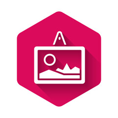 Poster - White Picture icon isolated with long shadow background. Pink hexagon button. Vector