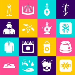 Poster - Set No sweets, Turkish hat, Ramadan fasting, Lute, Date fruit, Muslim man, Mosque tower or minaret and Islamic teapot icon. Vector