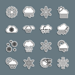 Wall Mural - Set line Snowflake, Windy weather, Cloud with rain and lightning, snow, and icon. Vector