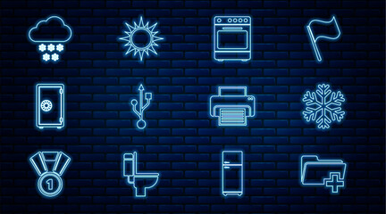Fototapete - Set line Add new folder, Snowflake, Oven, USB, Safe, Cloud with snow, Printer and Sun icon. Vector