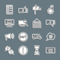 Poster - Set line Setting, Speech bubble with angry smile, Dislike, Open mail box, Computer monitor diagnostics, Monitor FAQ information, Create account screen mobile and Calendar icon. Vector