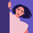 The beautiful Asian's face peeks out. Internet banner and postcard. Beauty salon, manicure and makeup. Fashion vector illustration in flat style