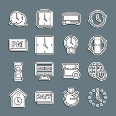Poster - Set line Clock, World time, Old hourglass, Digital alarm clock, PM, speech bubble and icon. Vector