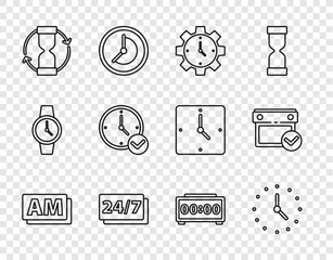 Poster - Set line Clock AM, Time Management, 24 hours, Old hourglass, Digital alarm clock and Calendar with check mark icon. Vector