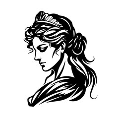 Wall Mural - Simple black & white line logo of a Roman goddess in side profile, white background