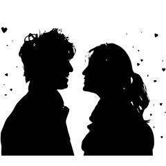 Wall Mural - Silhouette, man and woman smiling, side view, black and white, with hearts on white background