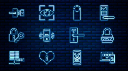 Fototapete - Set line Two steps authentication, Password protection, Please do not disturb, Smart car alarm system, Lock and key, Digital door lock with wireless, and Eye scan icon. Vector