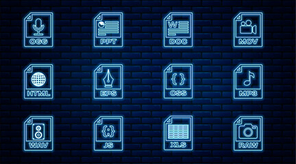Fototapete - Set line RAW file document, MP3, DOC, EPS, HTML, OGG, CSS and PPT icon. Vector