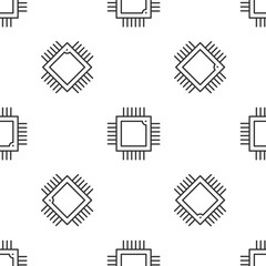 Poster - Black Computer processor with microcircuits CPU icon isolated on white background. Chip or cpu with circuit board. Micro processor. Yellow square button. Vector