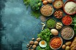 High blue background, various vegetables and beans in bowls on the left side of the picture,