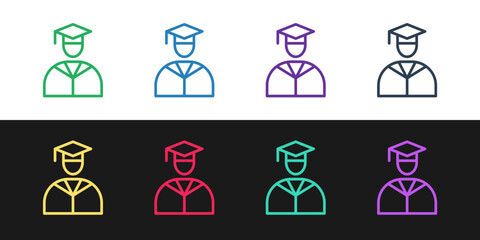 Poster - set line graduate and graduation cap icon isolated on black and white background. vector