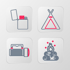 Sticker - Set line Campfire, Flashlight, Tourist tent and Lighter icon. Vector