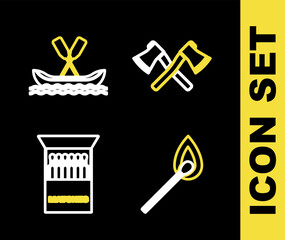 Sticker - Set line Crossed wooden axe, Burning match with fire, Open matchbox and matches and Rafting boat icon. Vector