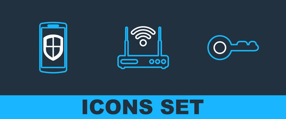 Poster - Set line Diamond, Money protection and Router and wi-fi icon. Vector