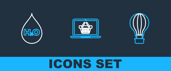 Poster - set line hot air balloon, water drop with h2o and shopping basket laptop icon. vector