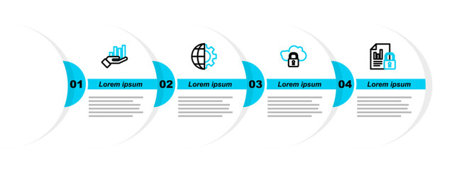 Poster - Set line Document and lock, Cloud computing, Globe of the Earth gear and Pie chart infographic icon. Vector