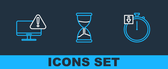 Poster - Set line Stopwatch, Monitor with exclamation mark and Hourglass icon. Vector