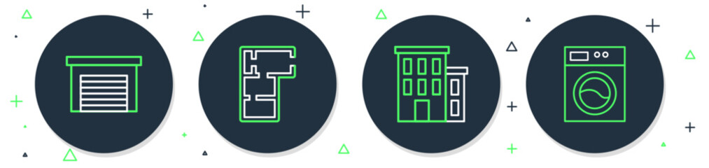 Poster - set line house plan, garage and washer icon. vector