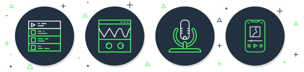 Poster - Set line Oscilloscope, Microphone, Music playlist and player icon. Vector