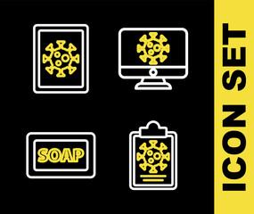 Poster - Set line Virus statistics on monitor, Clipboard with blood test results, Bar of soap and icon. Vector