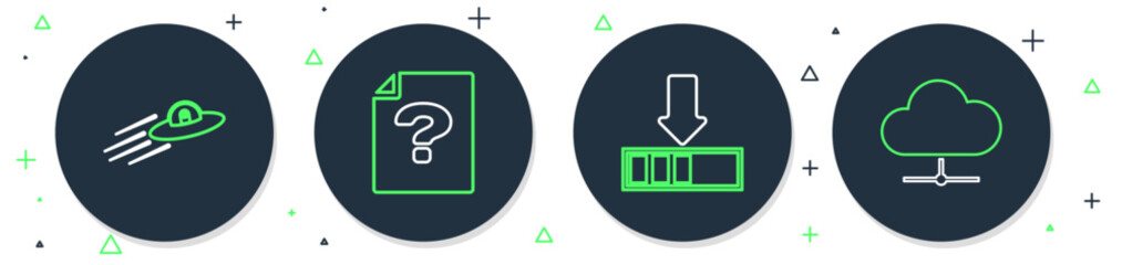 Poster - Set line Unknown document, Loading, UFO flying spaceship and alien and Network cloud connection icon. Vector