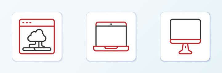 Poster - Set line Computer monitor screen, Cloud technology data transfer and Laptop icon. Vector