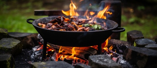 Wall Mural - A pot of cuisine is simmering over a gas fire, cooking at a specific temperature. The dish is being prepared using a kitchen appliance accessory on a barbecue grill, creating a flavorful event