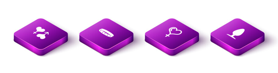 Sticker - Set Isometric Male and female heart, Leather fetish collar, Female gender and Anal plug icon. Vector