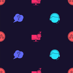 Poster - Set Man with a headset, Speech bubble Question, Computer monitor service and Five stars rating review on seamless pattern. Vector