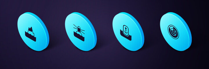 Sticker - Set Isometric Radar with targets, Location anchor, Lighthouse and Iceberg icon. Vector