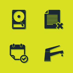 Poster - Set Hard disk drive HDD, Water tap, Calendar with check mark and Delete file document icon. Vector