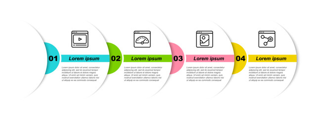 Sticker - Set line Online play video, Digital speed meter, Photo retouching and Browser window. Business infographic template. Vector