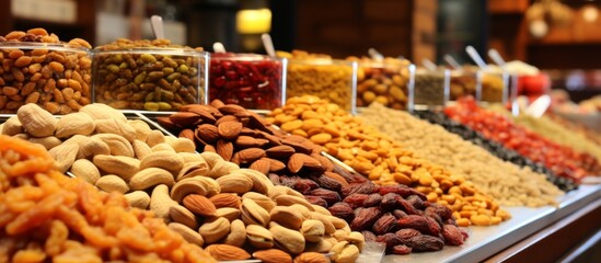 Canvas Print - A variety of natural foods, including dried fruits and nuts, are displayed on a table. These wholesome ingredients can be used in a variety of dishes and cuisines