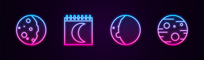 Sticker - Set line Eclipse of the sun, Moon phases calendar, and Planet Mars. Glowing neon icon. Vector