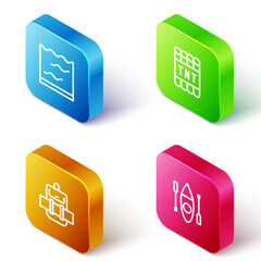 Poster - Set Isometric line Aquarium, Detonate dynamite bomb stick, Hiking backpack and Kayak or canoe icon. Vector