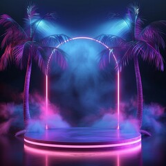 Wall Mural - neon podium background in three dimensions. Tropical neon palms adorn a colored blank display. Cyberspace, synthwave, retro aesthetic, 1980s. Three-dimensional illustration