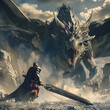 An epic battle between a brave armored paladin warrior and a giant epic fire dragon in a fantasy realm of myth and legend