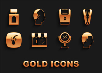 Sticker - Set Barbershop building, Curling iron for hair, Hairstyle men, Hand mirror, Broken follicle, Electric razor blade, Aftershave and Baldness icon. Vector