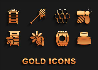 Sticker - Set Bee and flower, Beekeeper with protect hat, Wooden barrel honey, Hive for bees, Honeycomb, and dipper stick dripping icon. Vector