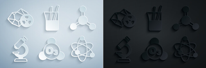 Wall Mural - Set Ozone, Molecule, Microscope, Atom, Laboratory glassware and Radioactive icon. Vector