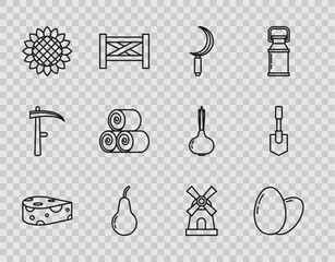 Sticker - Set line Cheese, Chicken egg, Sickle, Pear, Sunflower, Roll of hay, Windmill and Shovel icon. Vector