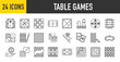 24 Table Games icons set. Containing Pool Table, Soccer Field, Vr Glasses, Carrom, Chess, Tangram, Sudoku, Table Soccer, Tic Tac Toe, Board Game, Gamble, Billiard more vector illustration collection.